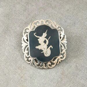 Vtg Siam Niello Sterling Brooch 925 Black Enamel Filigree Etched Dancer Pin